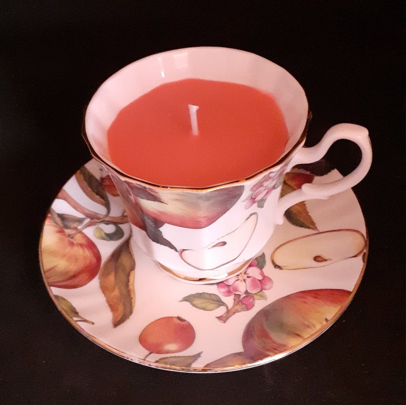 apples butterflies and apple blossom design scented pink wax Christmas birthday gift Duchess fine bone china Teacup candle