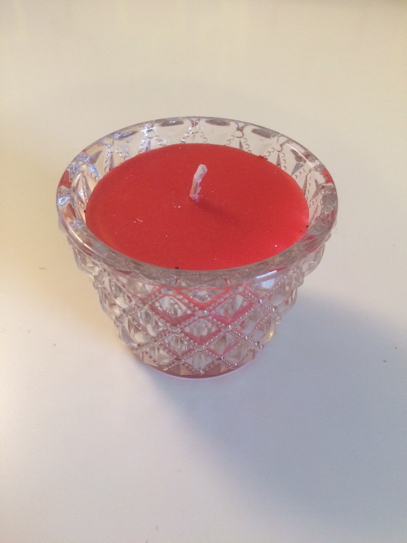 Teacup Candle, Clear Bevelled Diamond Cut Design Glass Votive, Filled With Xmas Pudding Scent