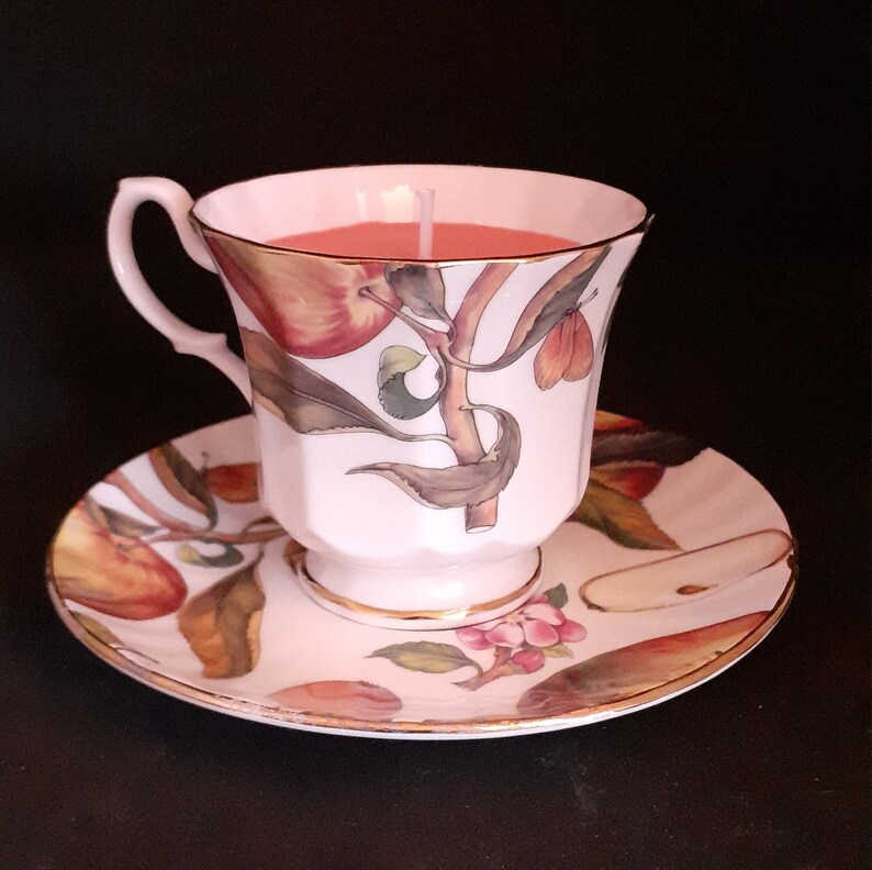 apples butterflies and apple blossom design scented pink wax Christmas birthday gift Duchess fine bone china Teacup candle
