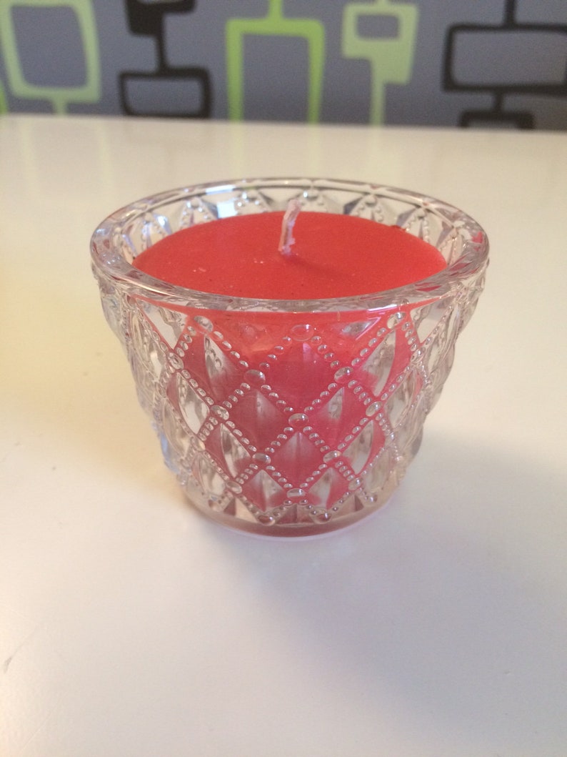 Teacup Candle, Clear Bevelled Diamond Cut Design Glass Votive, Filled