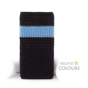May include: A black and light blue crocheted phone case. The case has a single light blue stripe across the middle.