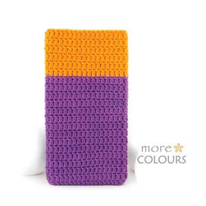 May include: A crocheted phone case with a two-tone design. The top half is orange and the bottom half is purple.