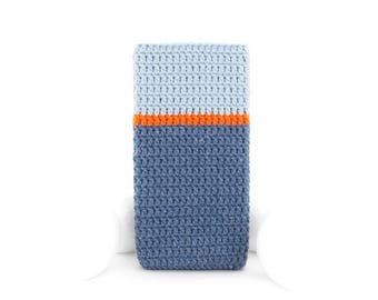 May include: A rectangular crochet sleeve featuring a colour-blocked design with a light blue top section, a thin vibrant orange horizontal stripe, and a larger dark blue bottom section, all crafted with a consistent textured stitch pattern.