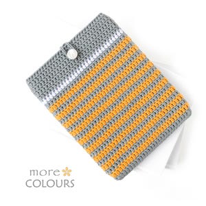 Crocheted e-reader soft case made of Grey durable cotton yarn with Orange stripes and White stripe above them. The e-reader cover closes with a White plastic button and a strong loop.