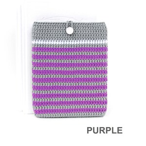 Crocheted e-reader soft case made of Grey durable cotton yarn with Purple stripes and White stripe above them. The e-reader cover closes with a White plastic button and a strong loop.