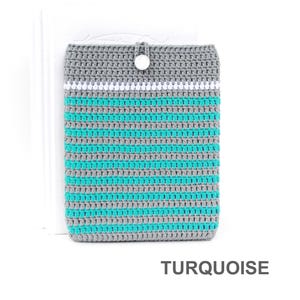 Crocheted e-reader soft case made of Grey durable cotton yarn with Turquoise stripes and White stripe above them. The e-reader cover closes with a White plastic button and a strong loop.