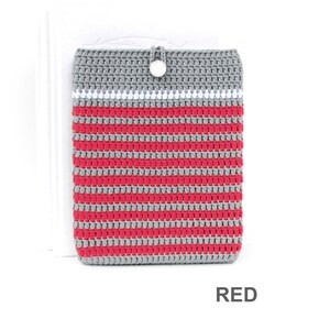 Crocheted e-reader soft case made of Grey durable cotton yarn with Red stripes and White stripe above them. The e-reader cover closes with a White plastic button and a strong loop.