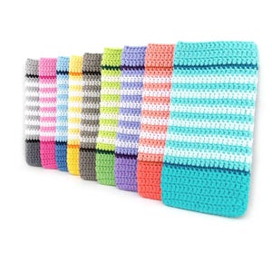 May include: A collection of eight rectangular crochet pouches arranged in a row, each featuring a repeating pattern of horizontal white stripes alternating with a solid color including gray, pink, blue, yellow, green, purple, orange, and teal.