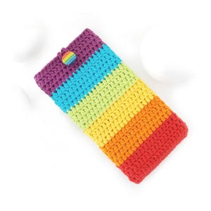 May include: A rainbow crochet phone case with a rainbow button closure. The case is made with a variety of colors, including purple, blue, green, yellow, orange, and red.