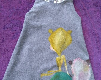 The Yellow raincoat.... Cute little girls dress, lovely illustrated, hand painted item, one of a kind, beautiful gift