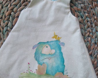 Cute Monster dress, cotton hand painted dress, beautiful little girl's dress, lovely summer dress