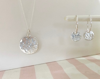 Silver Hammered Circle Necklace & Earrings