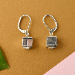 Geometric dangly earrings, silver cube earrings, handmade pewter, hypoallergenic steel ear wires, women gift, gift idea for teacher image 2