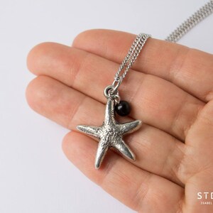 Starfish silver pendant necklace, thick pewter star, 6mm bead, stainless steel chain customize length 15 to 36 in, starfish jewelry for her image 2