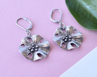 Silver flower earrings, nature organic dangle earings, woodland pewter charms, gift for her, women jewelry, plant mom gift ideas