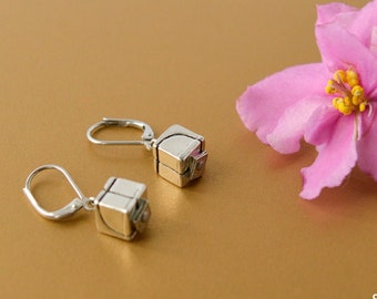 Geometric dangly earrings, silver cube earrings, handmade pewter, hypoallergenic steel ear wires, women gift, gift idea for teacher