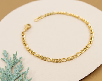 3mm figaro stainless steel bracelet, gold chain bracelet for women, figaro flat links bracelet, hypo allergenic bracelet for her