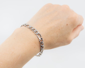 7mm figaro stainless steel chain bracelet, heavy flat link chain bracelet, unisex silver chain bracelet, anti-allergenic jewelry