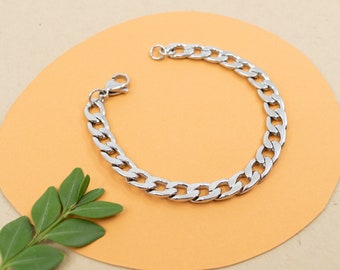 7mm curb link chain bracelet, unisex silver chain bracelet, stainless steel chain jewelry, heavy chain bracelet, mens bracelet