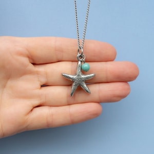 Starfish silver pendant necklace, thick pewter star, 6mm bead, stainless steel chain customize length 15 to 36 in, starfish jewelry for her image 1