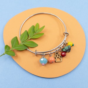 Colorful charm bracelet, stainless steel bangle, dog paw print bracelet, multicolored jewelry for women, silver bangle, dog bangle image 1