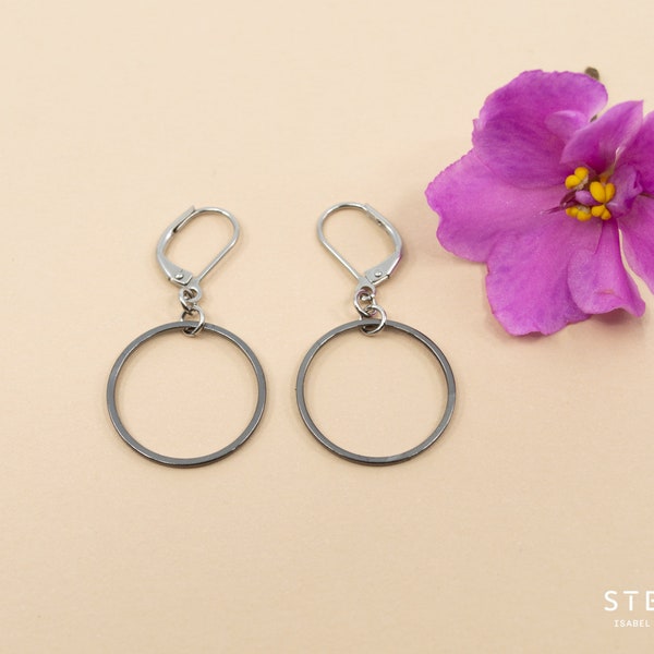 Boucles d'oreilles anneaux nickel noir, pendant d'oreilles cercles, attaches acier inox, boucles d'oreilles pour femme