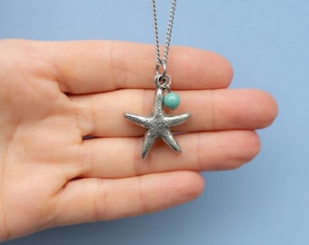 Starfish silver pendant necklace, thick pewter star, 6mm bead, stainless steel chain customize length 15 to 36 in, starfish  jewelry for her