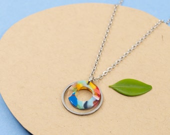 Bright multicolored disc necklace, steel hoop and acetate pendant, stainless steel chain pendant 14 in to 36 in, colourful necklace women