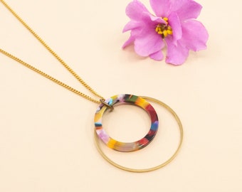 Colorful acrylic hoop necklace, brass hoop modern necklace, gold necklace for women, gold stainless steel chain 28 to 36 in