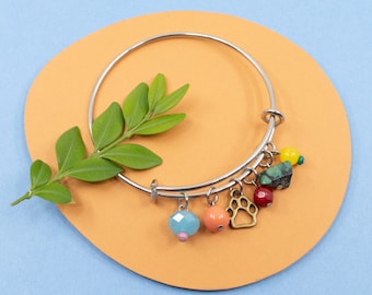 Colorful charm bracelet, stainless steel bangle, dog paw print bracelet, multicolored jewelry for women, silver bangle, dog bangle