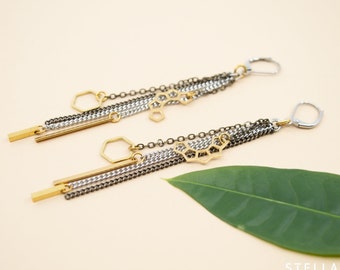 Multi chain stick & charms tassel earrings, cascade chain earrings, brass bar and hexagon gold earrings