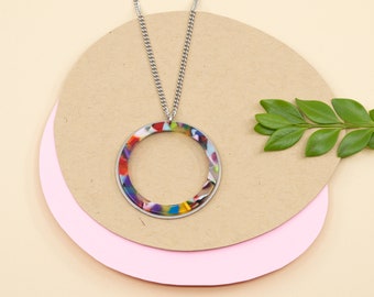 Multicolored big acrylic hoop necklace, colourful steel hoop necklace, stainless steel pendant for women, chain 16 to 36 in