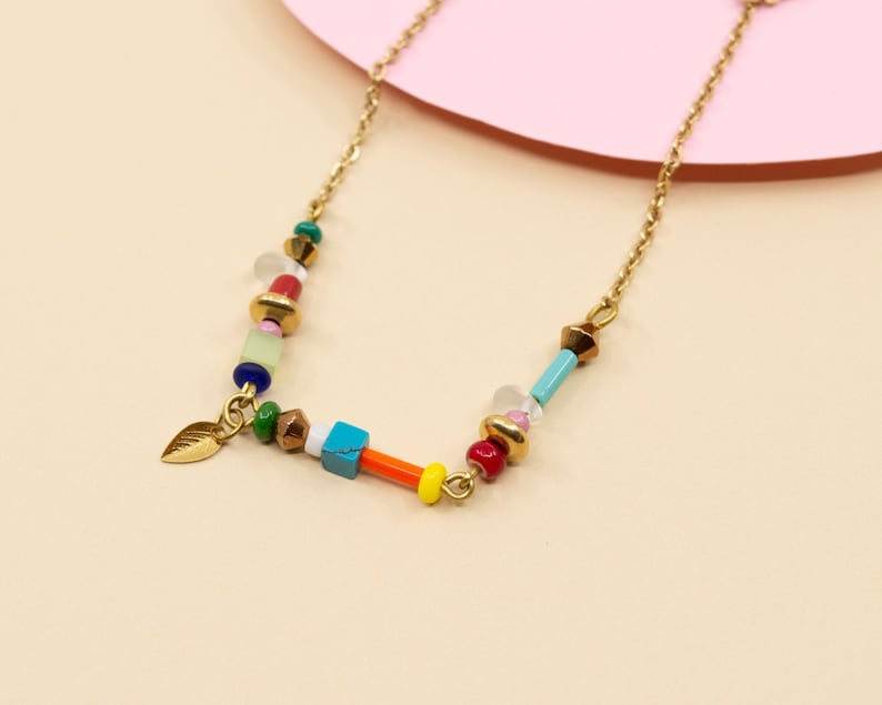 Colorful beaded chain necklace, dainty rainbow choker necklace, gold stainless steel chain necklace, summer layering necklace made in Canada image 1