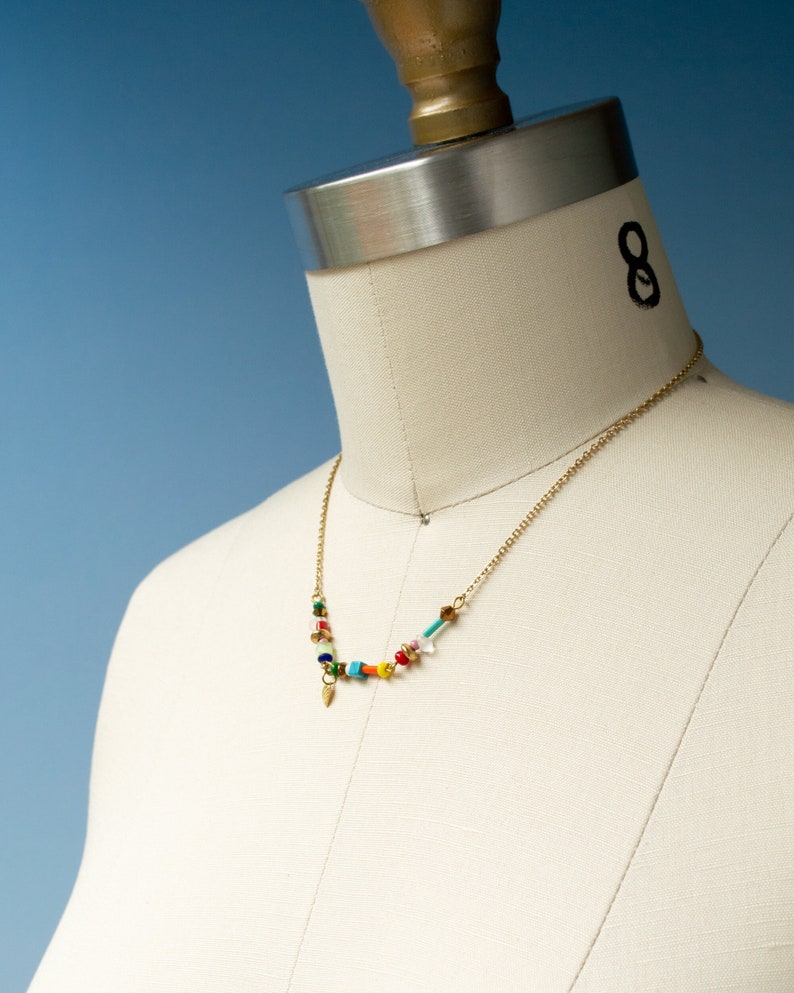 Colorful beaded chain necklace, dainty rainbow choker necklace, gold stainless steel chain necklace, summer layering necklace made in Canada image 2