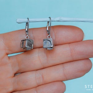 Geometric dangly earrings, silver cube earrings, handmade pewter, hypoallergenic steel ear wires, women gift, gift idea for teacher image 3