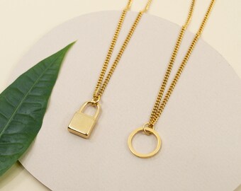 Gold stainless steel pendant, geometric necklace, gold steel necklace, minimalist necklace for her, padlock pendant, circle necklace