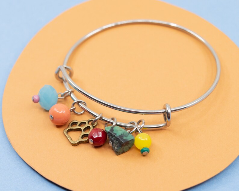 Colorful charm bracelet, stainless steel bangle, dog paw print bracelet, multicolored jewelry for women, silver bangle, dog bangle image 5