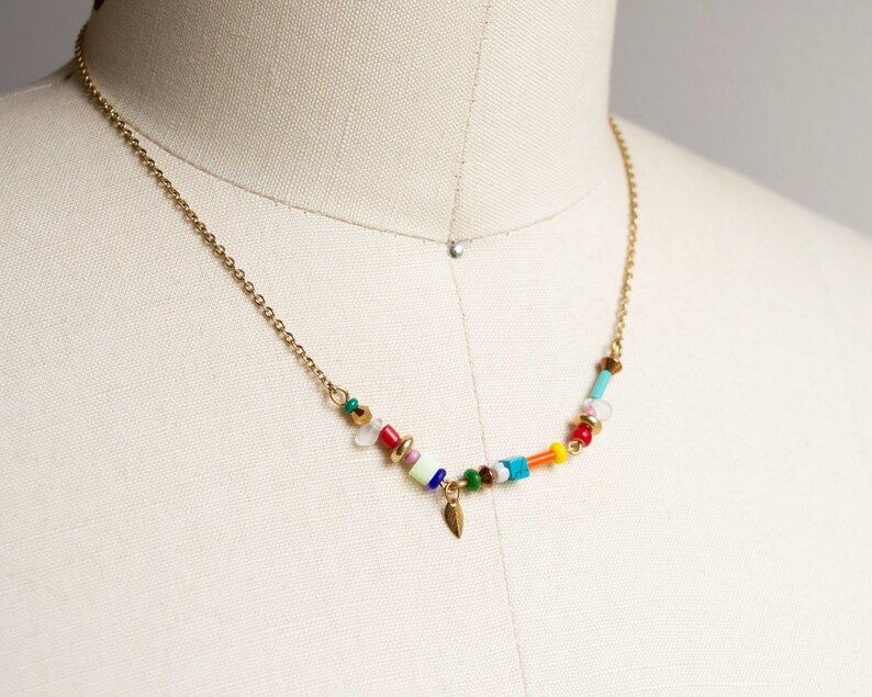 Colorful beaded chain necklace, dainty rainbow choker necklace, gold stainless steel chain necklace, summer layering necklace made in Canada image 8