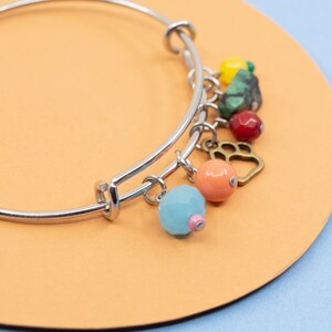 Colorful charm bracelet, stainless steel bangle, dog paw print bracelet, multicolored jewelry for women, silver bangle, dog bangle image 2