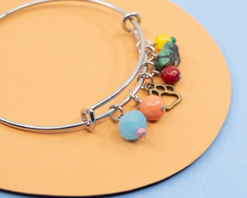 Colorful charm bracelet, stainless steel bangle, dog paw print bracelet, multicolored jewelry for women, silver bangle, dog bangle image 2