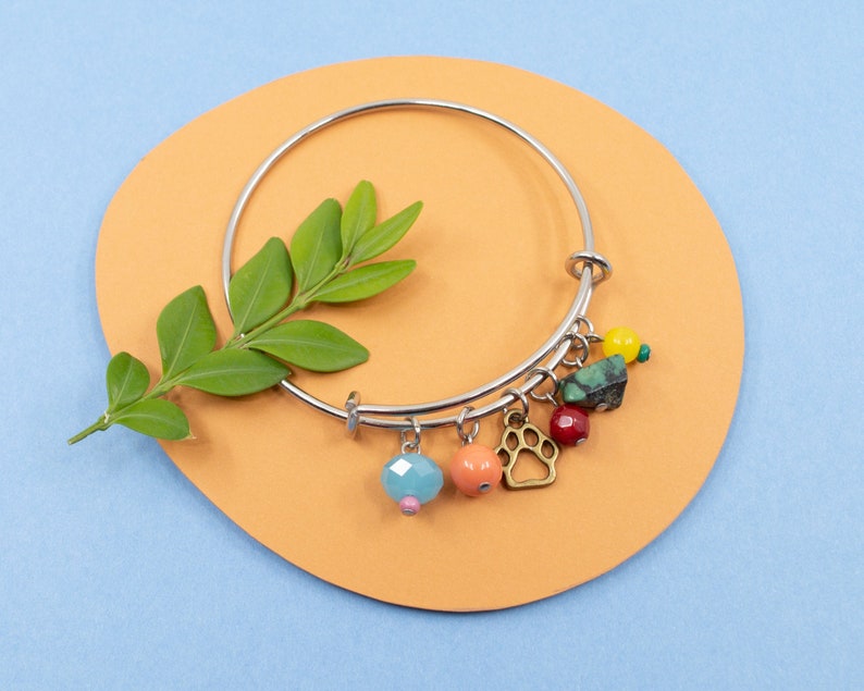 Colorful charm bracelet, stainless steel bangle, dog paw print bracelet, multicolored jewelry for women, silver bangle, dog bangle image 1