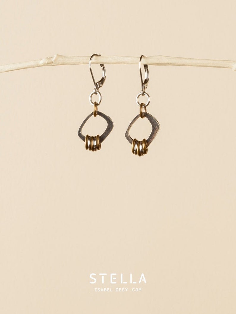 Rectangle silver & brass earrings, pewter earrings, minimalist brass jewelry, hypoallergenic earwires, everyday earrings, made in Canada image 1