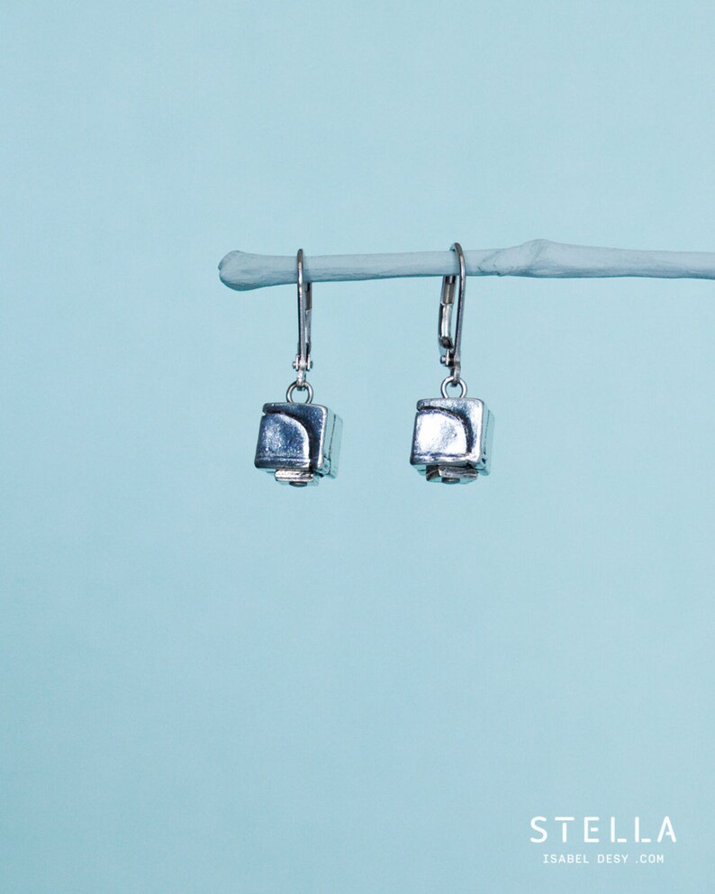 Geometric dangly earrings, silver cube earrings, handmade pewter, hypoallergenic steel ear wires, women gift, gift idea for teacher image 4