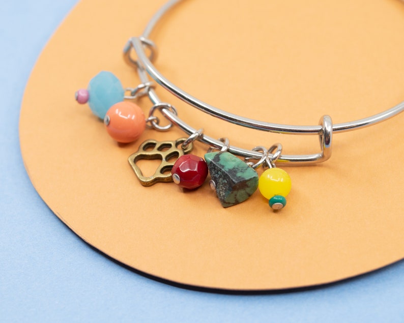 Colorful charm bracelet, stainless steel bangle, dog paw print bracelet, multicolored jewelry for women, silver bangle, dog bangle image 4