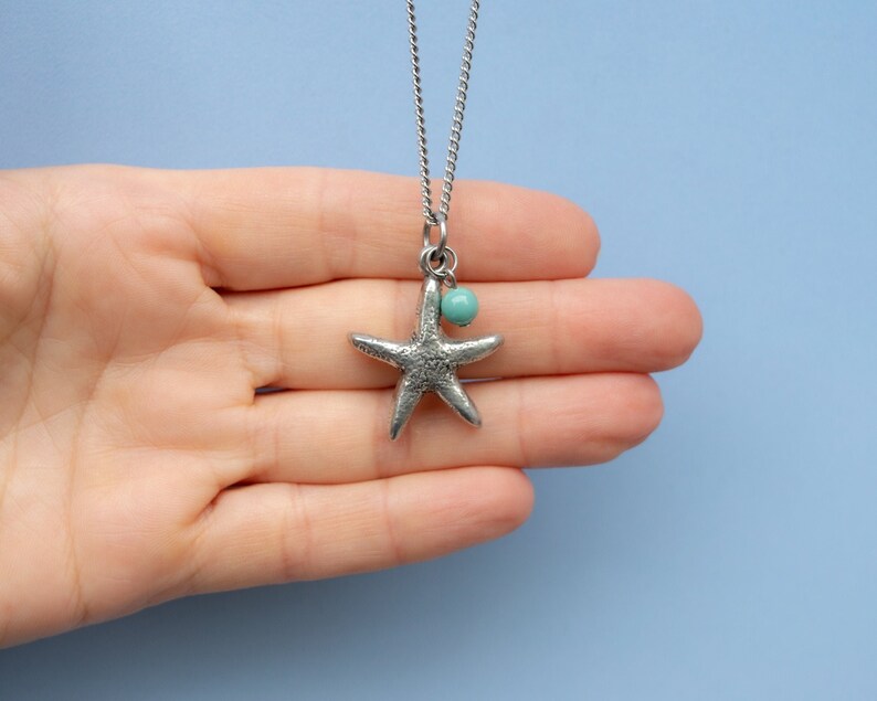 Starfish silver pendant necklace, thick pewter star, 6mm bead, stainless steel chain customize length 15 to 36 in, starfish jewelry for her image 1