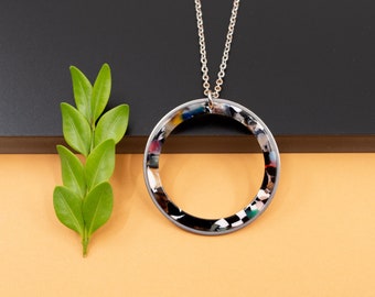 Dark color big acrylic hoop necklace, silver hoop modern necklace, stainless steel necklace for women, chain 16 to 36 in