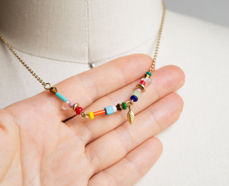 Colorful beaded chain necklace, dainty rainbow choker necklace, gold stainless steel chain necklace, summer layering necklace made in Canada image 5