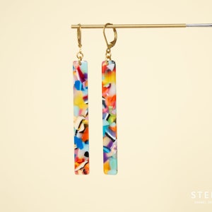 Long colorful rectangle acetate dangle earrings, terrazzo earrings, bold jewelry for women, acetate earrings image 3