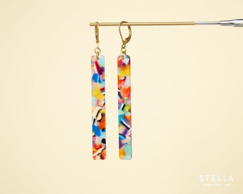 Long colorful rectangle acetate dangle earrings, terrazzo earrings, bold jewelry for women, acetate earrings image 3