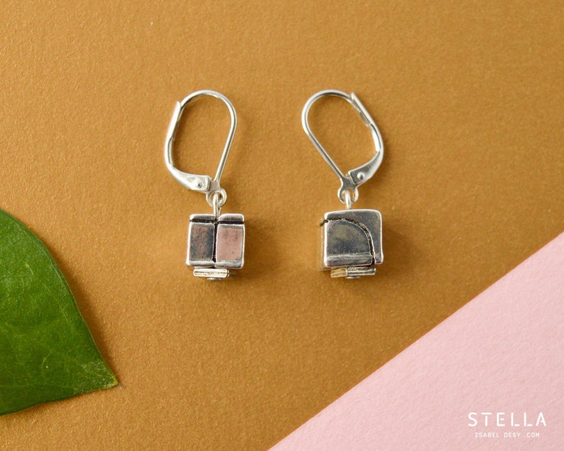 Geometric dangly earrings, silver cube earrings, handmade pewter, hypoallergenic steel ear wires, women gift, gift idea for teacher image 2